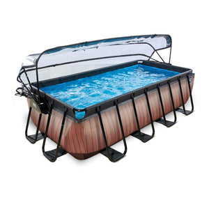 EXIT Wood pool 400x200x100cm, 540x250x100cm with dome and sand filter pump - brown