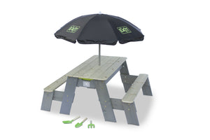 EXIT Aksent sand & water and picnic table (2 benches) with parasol and gardening tools
