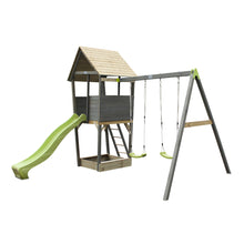 Load image into Gallery viewer, EXIT Aksent wooden play tower with a 2-seat swing - grey

